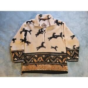 TSUNAMI CAVE PAINTING HORSE 1/2 Zip Southwestern High Pile Sherpa Ranch M Jacket